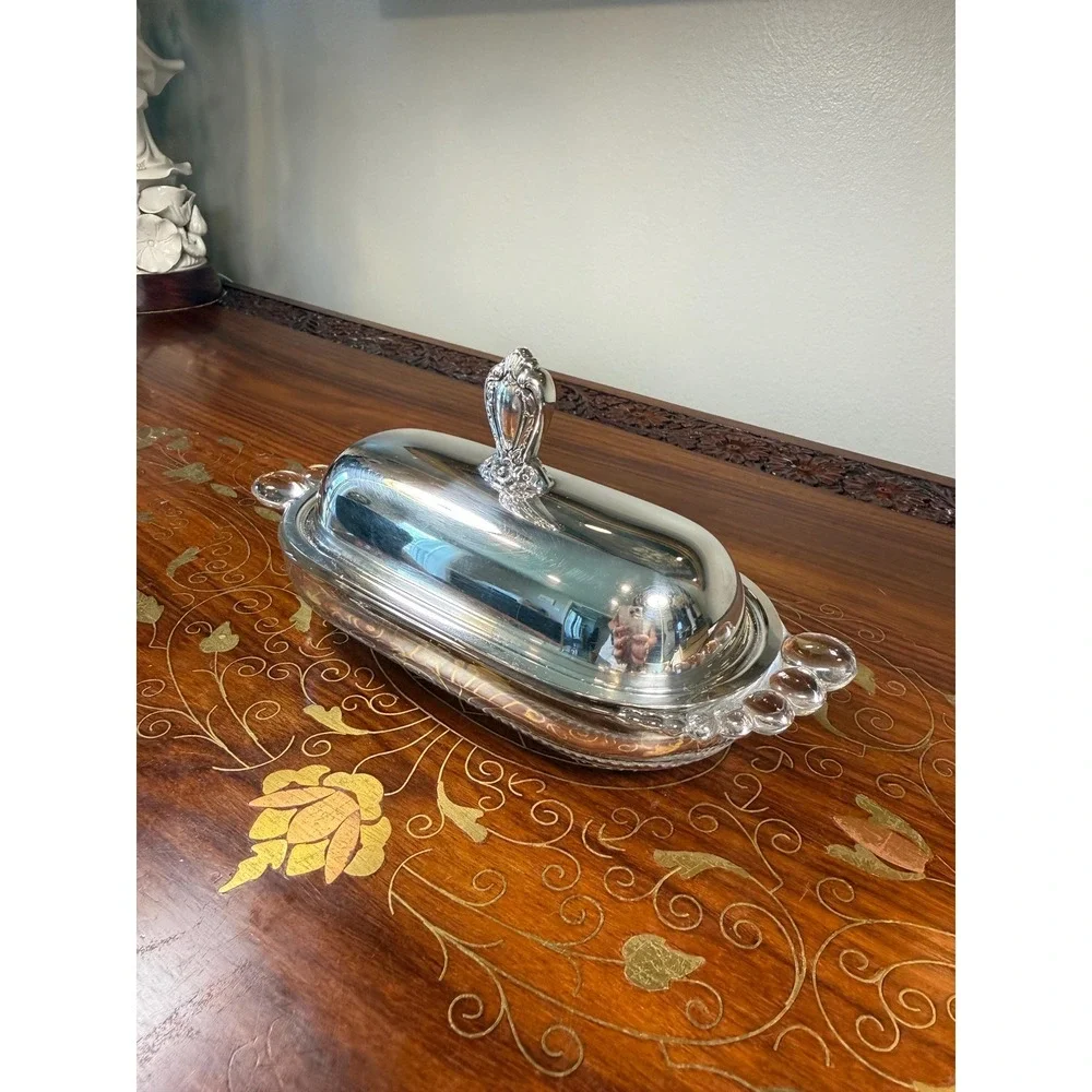 Vintage 1847 Rogers Bros Butter Dish •‎ Silverplate Lid & Pressed Glass Base
